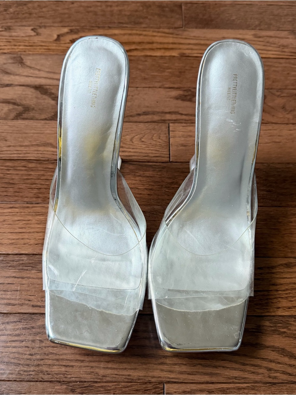 PLT Silver Wide Fit Patent Square Toe Clear Strap Platform Heeled Mules 10 - Picture 4 of 7